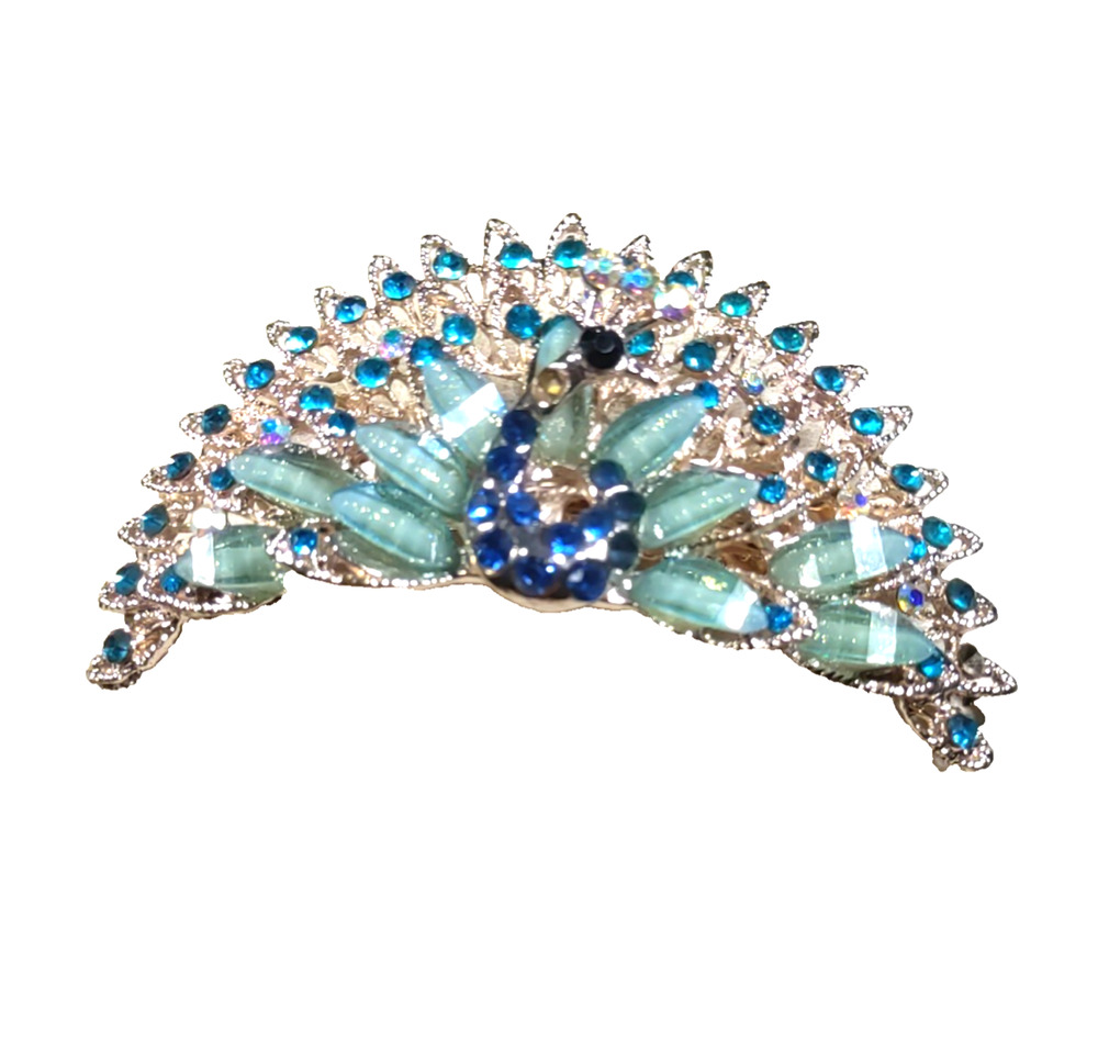 Large Peacock Hair Barrette Tension Clip Gold Tone Blue Rhinestone Flaw